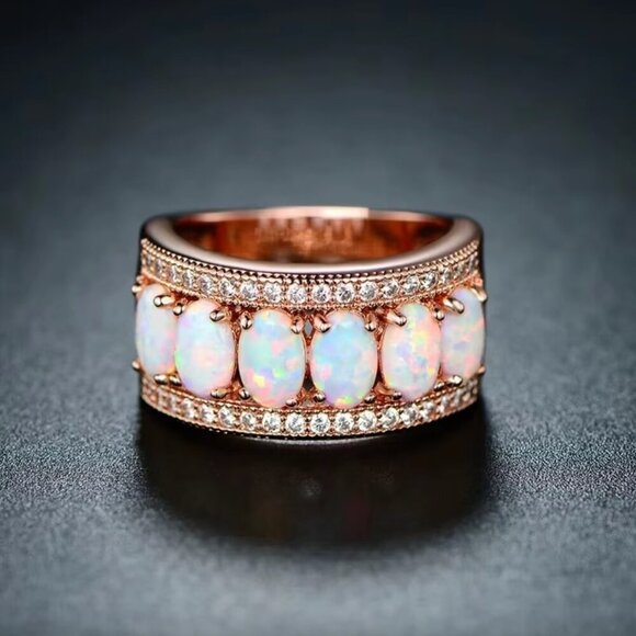 Jewelry - NEW 18k Rose Gold Diamond Opal Ring Band Wide Ring